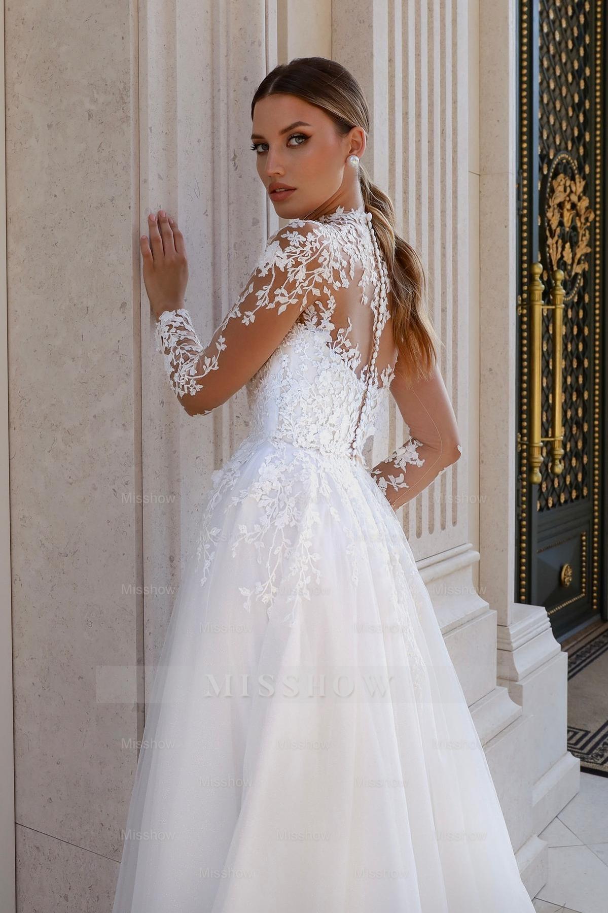 Elegant White A-Line Lace High-Neck Long Illusion Sleeves Sweep Train Tulle Wedding Dresses With Appliques