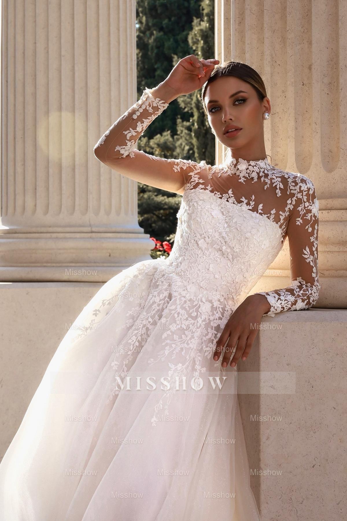 Elegant White A-Line Lace High-Neck Long Illusion Sleeves Sweep Train Tulle Wedding Dresses With Appliques