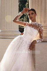 Elegant White A-Line Lace High-Neck Long Illusion Sleeves Sweep Train Tulle Wedding Dresses With Appliques