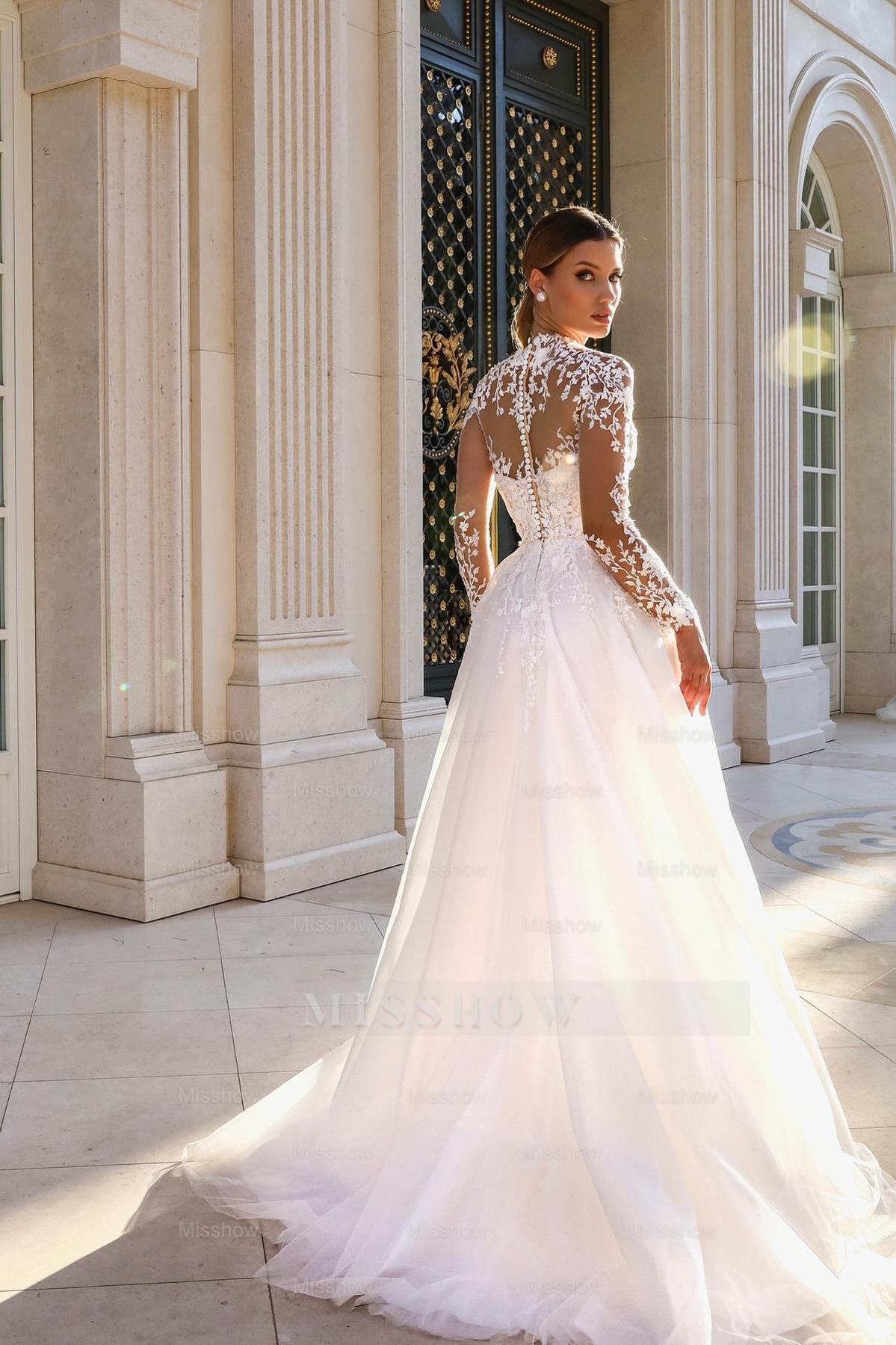 Elegant White A-Line Lace High-Neck Long Illusion Sleeves Sweep Train Tulle Wedding Dresses With Appliques