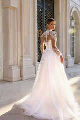Elegant White A-Line Lace High-Neck Long Illusion Sleeves Sweep Train Tulle Wedding Dresses With Appliques