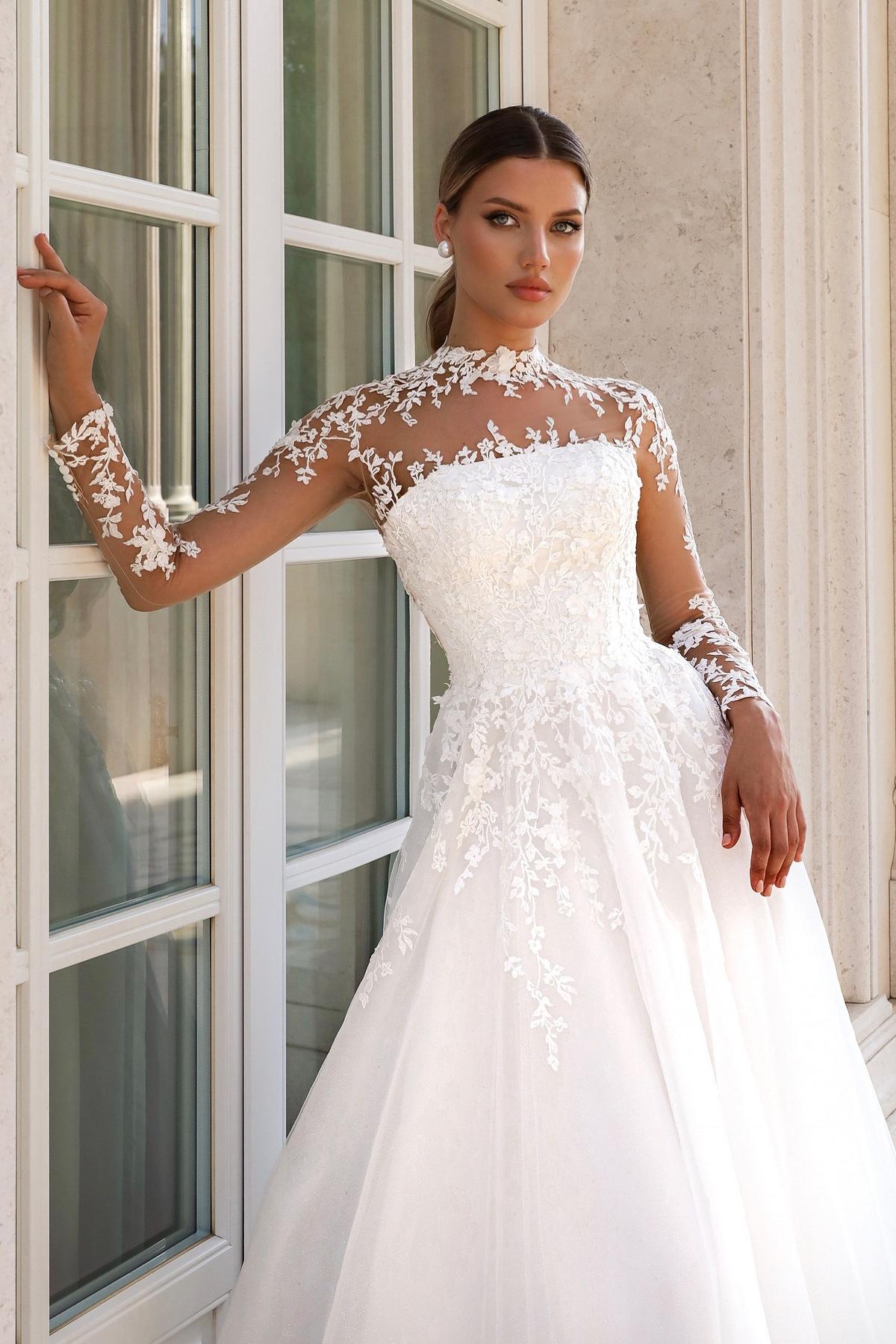Elegant White A-Line Lace High-Neck Long Illusion Sleeves Sweep Train Tulle Wedding Dresses With Appliques