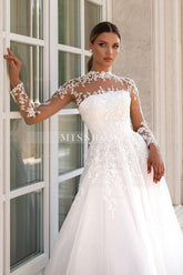 Elegant White A-Line Lace High-Neck Long Illusion Sleeves Sweep Train Tulle Wedding Dresses With Appliques