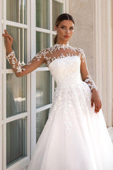 Elegant White A-Line Lace High-Neck Long Illusion Sleeves Sweep Train Tulle Wedding Dresses With Appliques