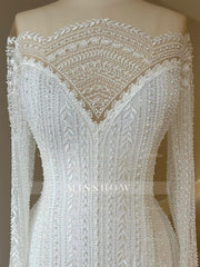 Elegant White A-Line Long Sleeves Beaded Lace Capel Train Long Wedding Dresses