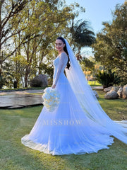 Elegant White A-Line Long Sleeves Beaded Lace Capel Train Long Wedding Dresses