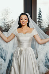 Elegant White A-Line Off-The-Shoulder Sleeveless Beaded Ruffle Long Satin Wedding Dresses With Slit