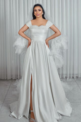 Elegant White A-Line Off-The-Shoulder Sleeveless Beaded Ruffle Long Satin Wedding Dresses With Slit
