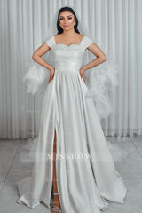 Elegant White A-Line Off-The-Shoulder Sleeveless Beaded Ruffle Long Satin Wedding Dresses With Slit