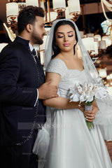 Elegant White A-Line Off-The-Shoulder Sleeveless Beaded Ruffle Long Satin Wedding Dresses With Slit