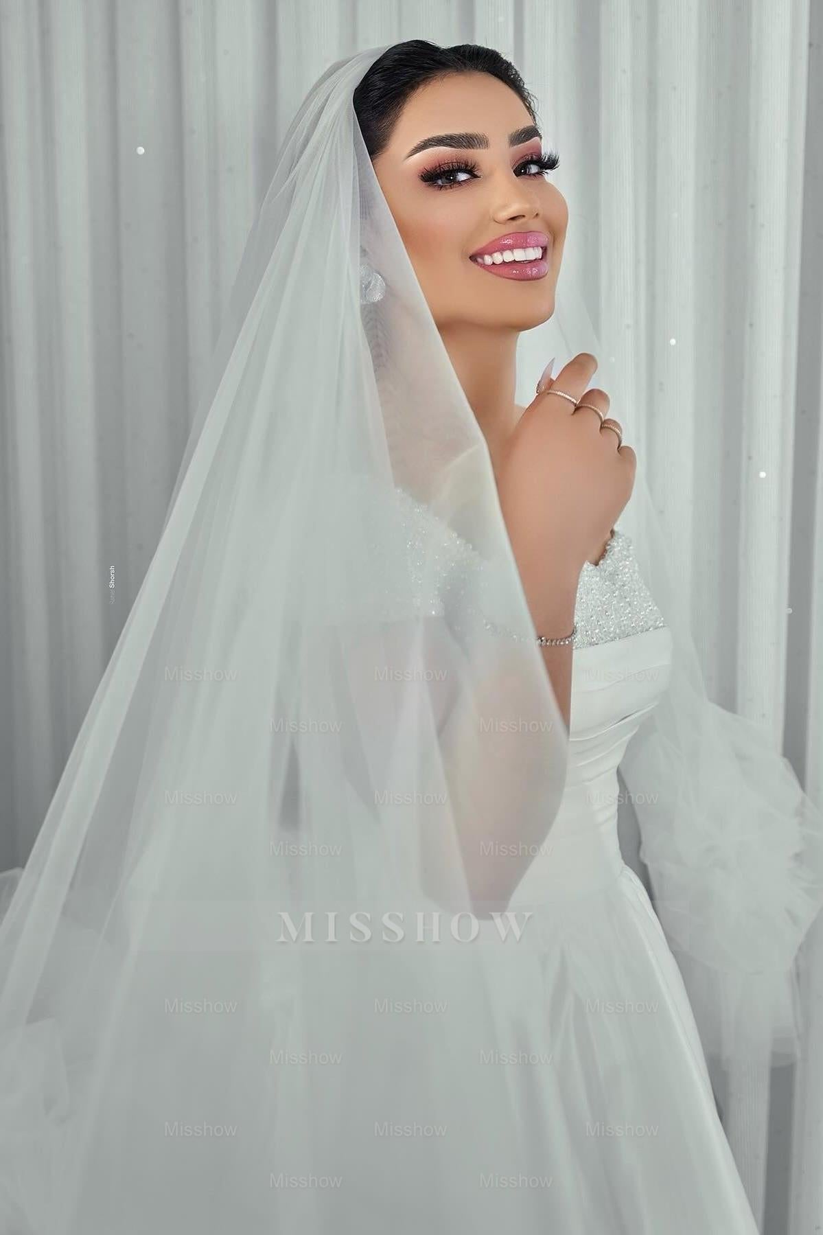 Elegant White A-Line Off-The-Shoulder Sleeveless Beaded Ruffle Long Satin Wedding Dresses With Slit