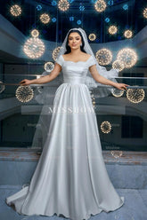 Elegant White A-Line Off-The-Shoulder Sleeveless Beaded Ruffle Long Satin Wedding Dresses With Slit