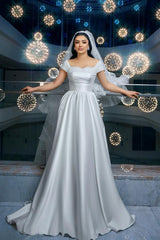 Elegant White A-Line Off-The-Shoulder Sleeveless Beaded Ruffle Long Satin Wedding Dresses With Slit