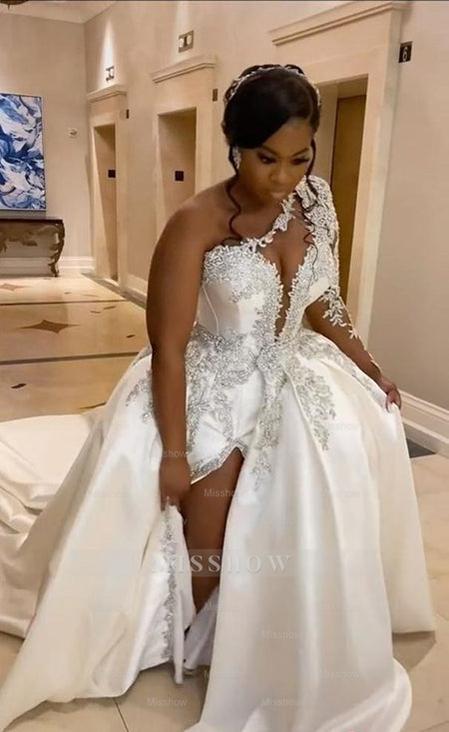 Elegant White A-Line One Shoulder Satin Wedding Dress with Beading and Slit - Bridal Gown