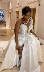Elegant White A-Line One Shoulder Satin Wedding Dress with Beading and Slit - Bridal Gown