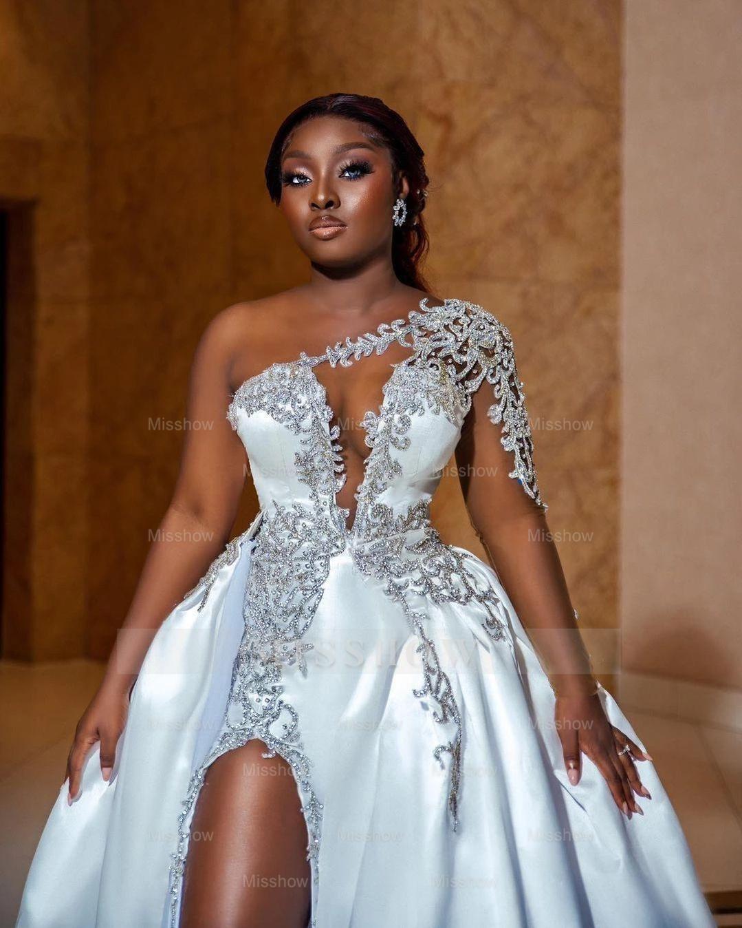 Elegant White A-Line One Shoulder Satin Wedding Dress with Beading and Slit - Bridal Gown