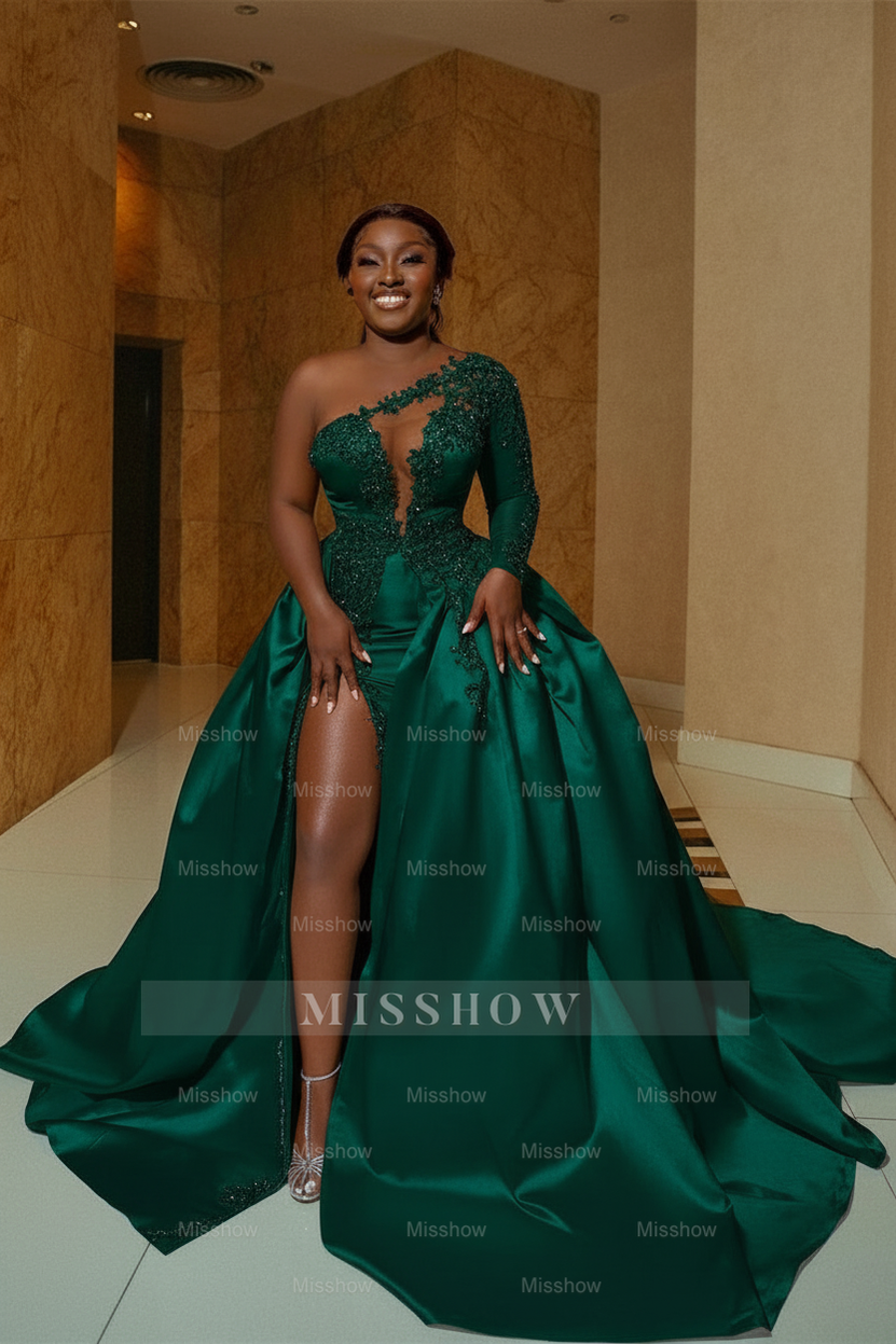 Elegant White A-Line One Shoulder Satin Wedding Dress with Beading and Slit - Bridal Gown