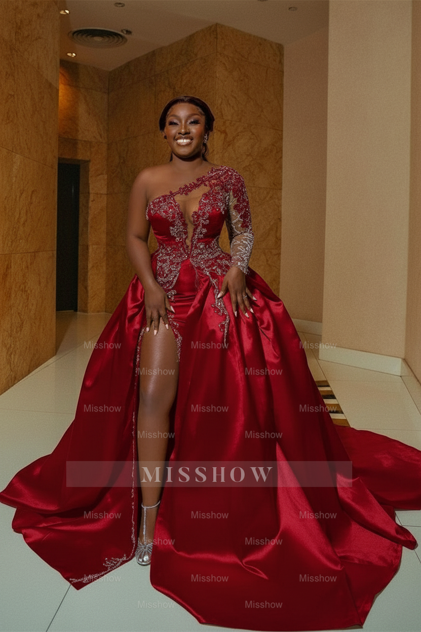 Elegant White A-Line One Shoulder Satin Wedding Dress with Beading and Slit - Bridal Gown