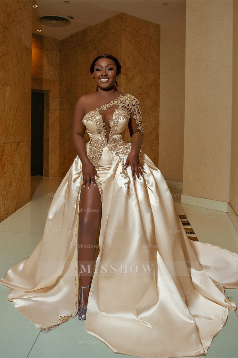 Elegant White A-Line One Shoulder Satin Wedding Dress with Beading and Slit - Bridal Gown