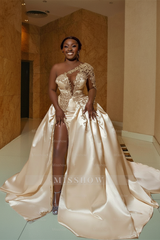 Elegant White A-Line One Shoulder Satin Wedding Dress with Beading and Slit - Bridal Gown