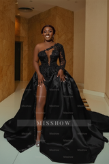 Elegant White A-Line One Shoulder Satin Wedding Dress with Beading and Slit - Bridal Gown