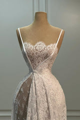 Elegant White A-Line Spaghetti Strap Sleeveless Sweep Train Lace Simple Wedding Dresses