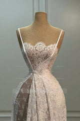 Elegant White A-Line Spaghetti Strap Sleeveless Sweep Train Lace Simple Wedding Dresses