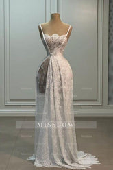 Elegant White A-Line Spaghetti Strap Sleeveless Sweep Train Lace Simple Wedding Dresses