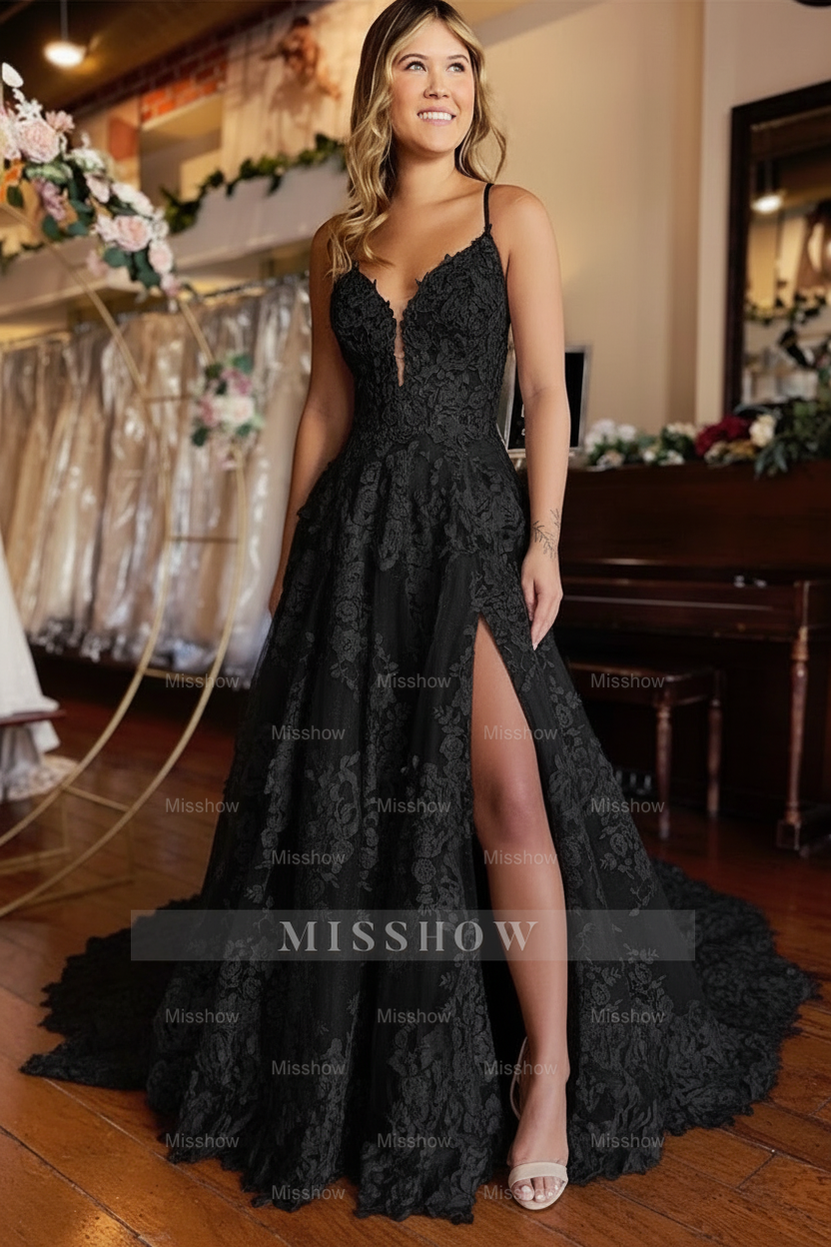 Elegant White A-Line Spaghetti Straps Lace Wedding Dress with Slit - Backless Tulle Bridal Gown