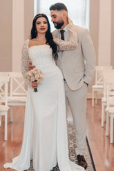 Elegant White A-Line Square Beaded Long Sleeves Ruffles Panel Train Satin Wedding Dresses