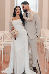 Elegant White A-Line Square Beaded Long Sleeves Ruffles Panel Train Satin Wedding Dresses