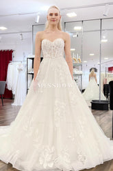 Elegant White A-Line Sweetheart Sleeveless Embroidery Sweep Train Backless Tulle Wedding Dresses