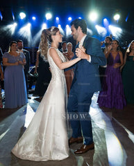 Elegant White A-Line V-Neck Sleeveless Cathedral Train Satin Wedding Dress With Appliques