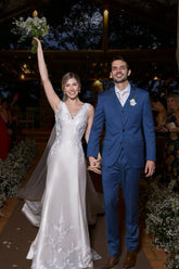 Elegant White A-Line V-Neck Sleeveless Cathedral Train Satin Wedding Dress With Appliques