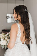 Elegant White A-Line V-Neck Spaghetti Strap Sleeveless Backless Lace Sweep Train Tulle Wedding Dresses With Appliques