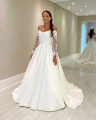 Elegant White Ball Gown Off-The-Shoulder Lace Long Sleeves Chapel Train Satin Wedding Dress