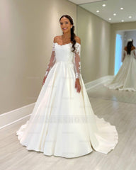 Elegant White Ball Gown Off-The-Shoulder Lace Long Sleeves Chapel Train Satin Wedding Dress
