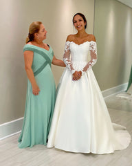 Elegant White Ball Gown Off-The-Shoulder Lace Long Sleeves Chapel Train Satin Wedding Dress