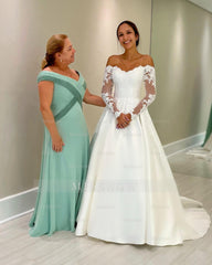Elegant White Ball Gown Off-The-Shoulder Lace Long Sleeves Chapel Train Satin Wedding Dress