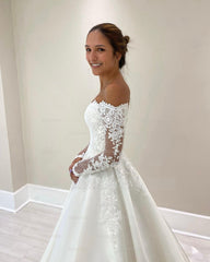 Elegant White Ball Gown Off-The-Shoulder Lace Long Sleeves Chapel Train Satin Wedding Dress