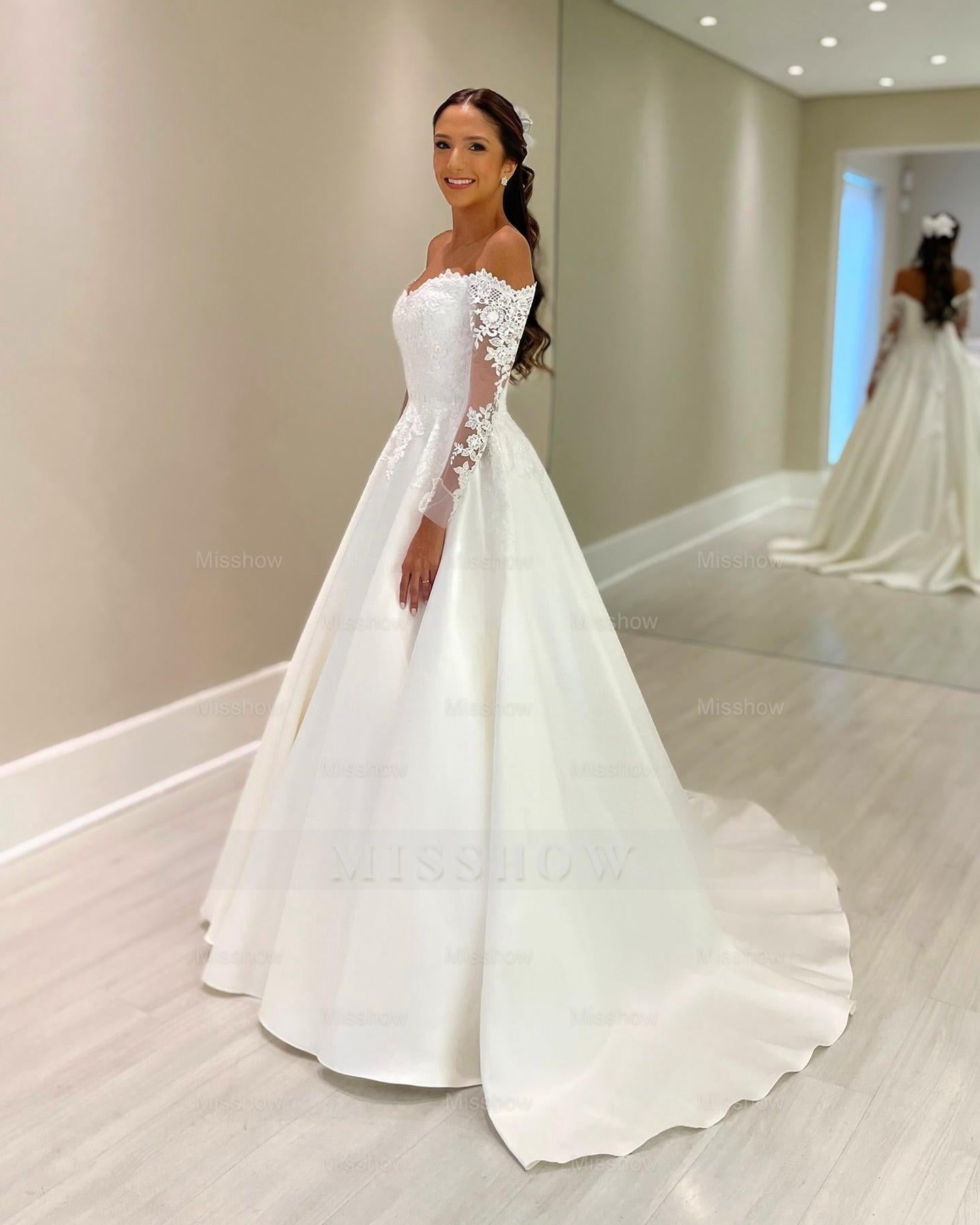 Elegant White Ball Gown Off-The-Shoulder Lace Long Sleeves Chapel Train Satin Wedding Dress