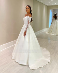 Elegant White Ball Gown Off-The-Shoulder Lace Long Sleeves Chapel Train Satin Wedding Dress