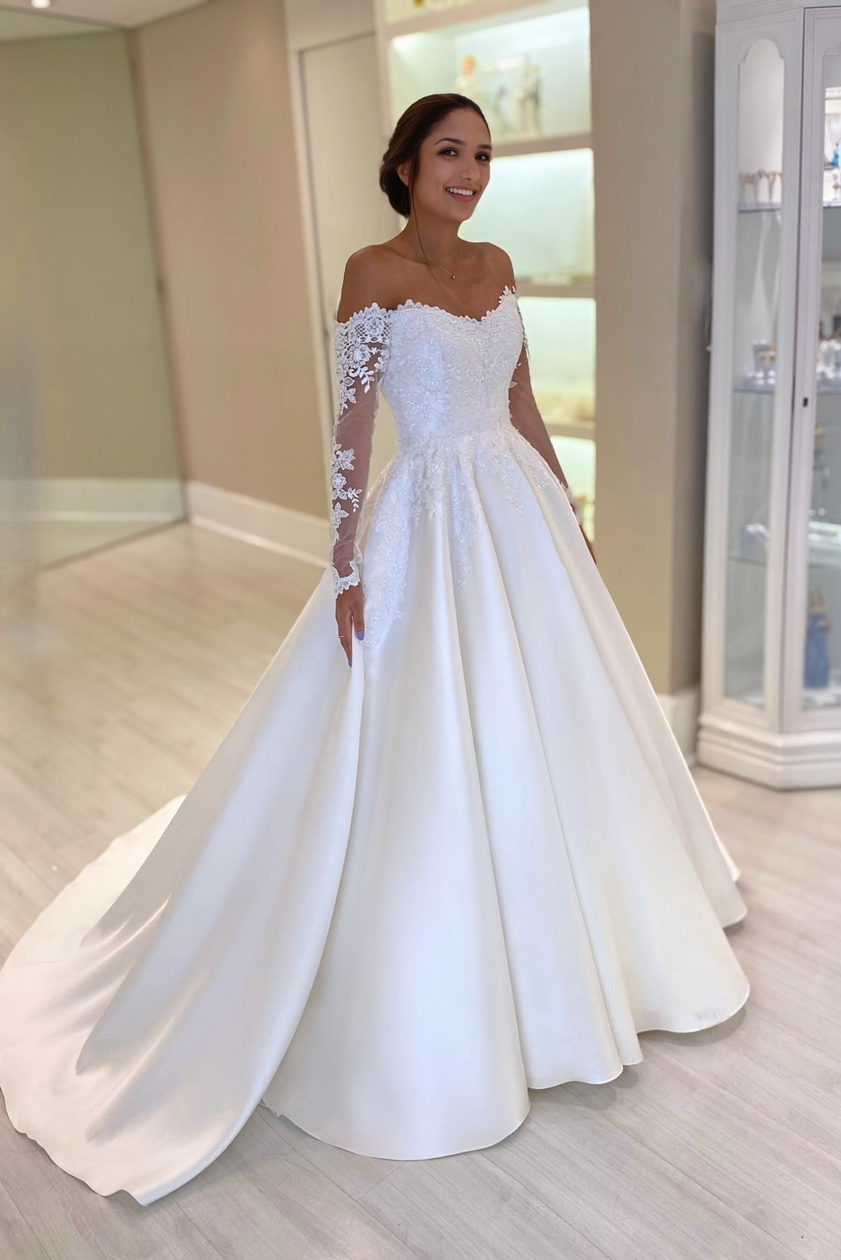 Elegant White Ball Gown Off-The-Shoulder Lace Long Sleeves Chapel Train Satin Wedding Dress