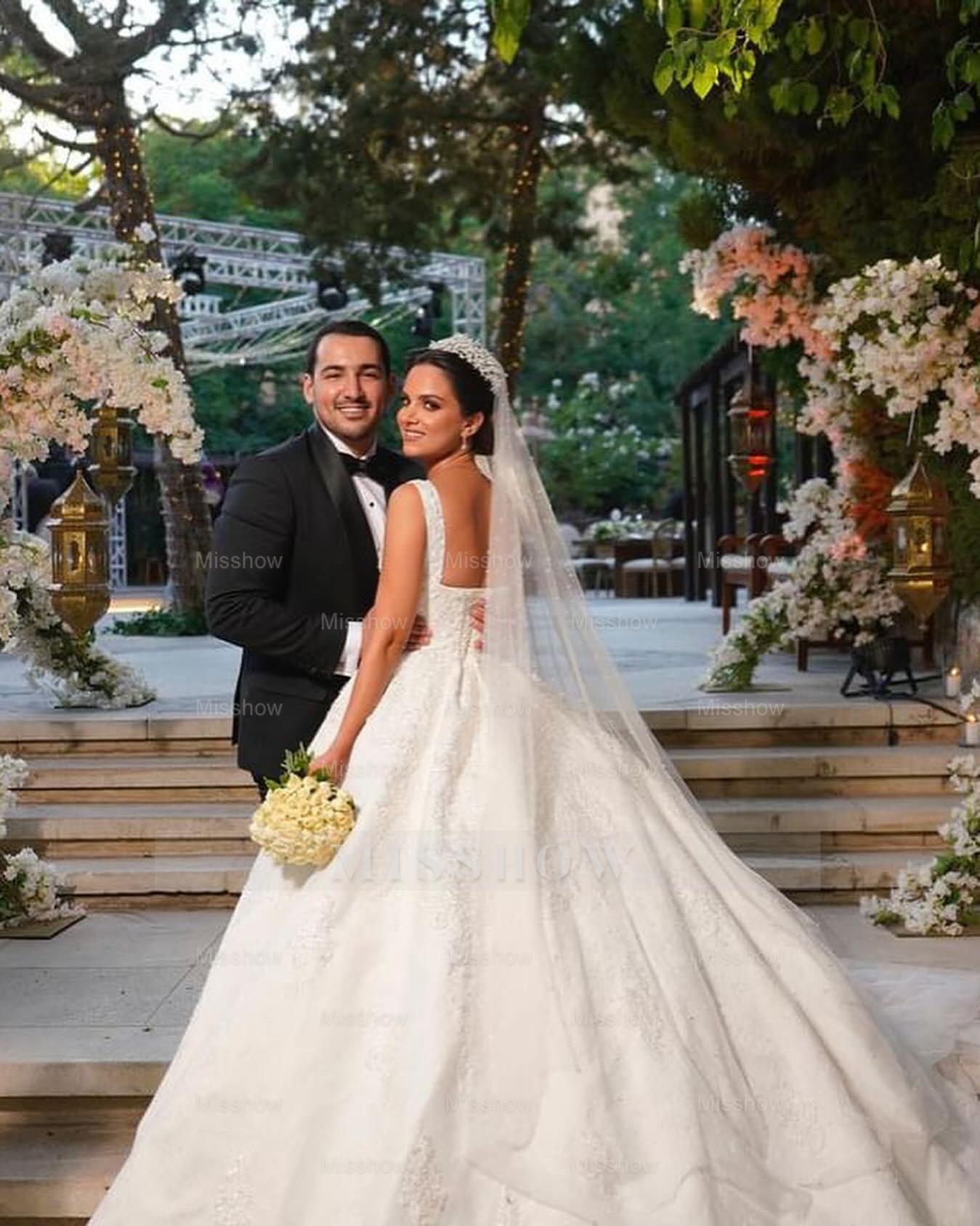 Elegant White Ball Gown Sleeveless Beaded Lace Sweep Train Satin Wedding Dress