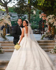 Elegant White Ball Gown Sleeveless Beaded Lace Sweep Train Satin Wedding Dress