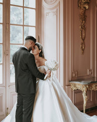 Elegant White Ball Gown Strapless Off-The-Shoulder Sleeveless Beaded Cathedral Train Satin Wedding Dress With Peals