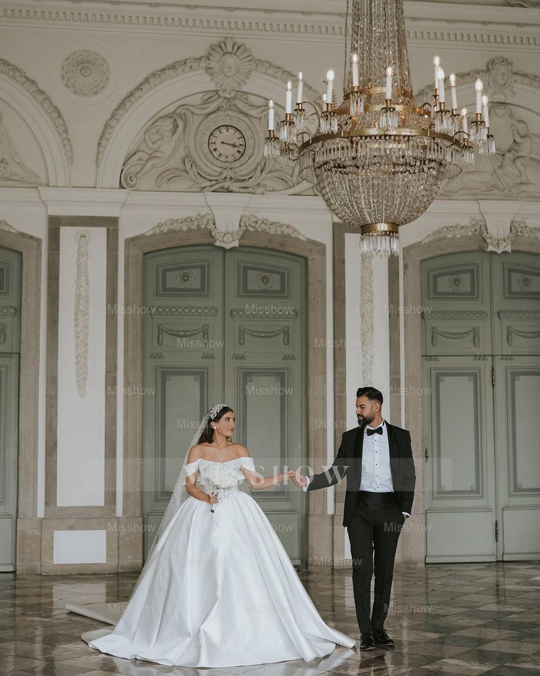 Elegant White Ball Gown Strapless Off-The-Shoulder Sleeveless Beaded Cathedral Train Satin Wedding Dress With Peals