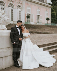 Elegant White Ball Gown Strapless Off-The-Shoulder Sleeveless Beaded Cathedral Train Satin Wedding Dress With Peals