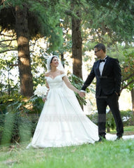 Elegant White Ball Gown Strapless Off-The-Shoulder Sleeveless Beaded Sweep Train Satin Wedding Dress