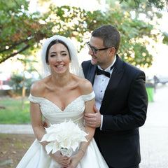 Elegant White Ball Gown Strapless Off-The-Shoulder Sleeveless Beaded Sweep Train Satin Wedding Dress